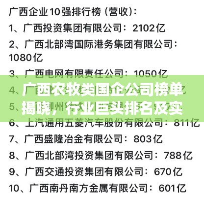 广西农牧类国企公司榜单揭晓，行业巨头排名及实力比拼