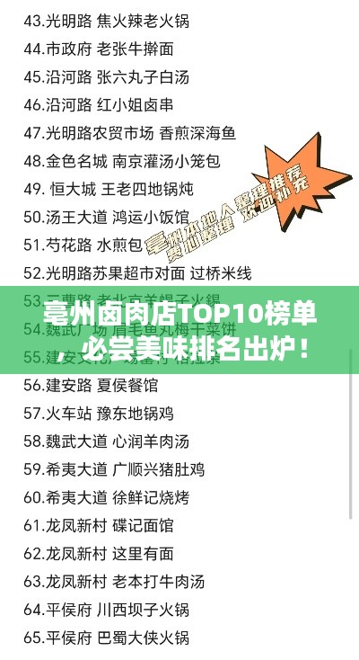 亳州卤肉店TOP10榜单，必尝美味排名出炉！